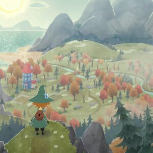 Dolina Muminków widziana z góry, na pierwszym planie postać Włóczykija.