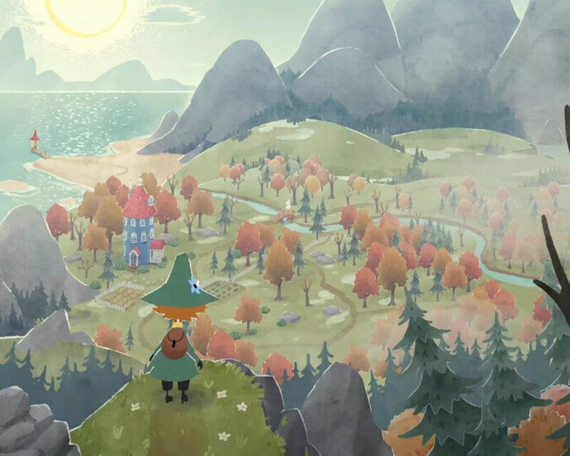 Dolina Muminków widziana z góry, na pierwszym planie postać Włóczykija.