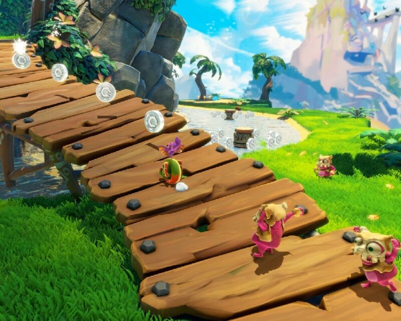 Barwny, baśniowy most w rajskim klimacie, scena z odświeżonej platformówki Yooka Replaylee, która nie pojawi się na konsoli Nintendo Switch