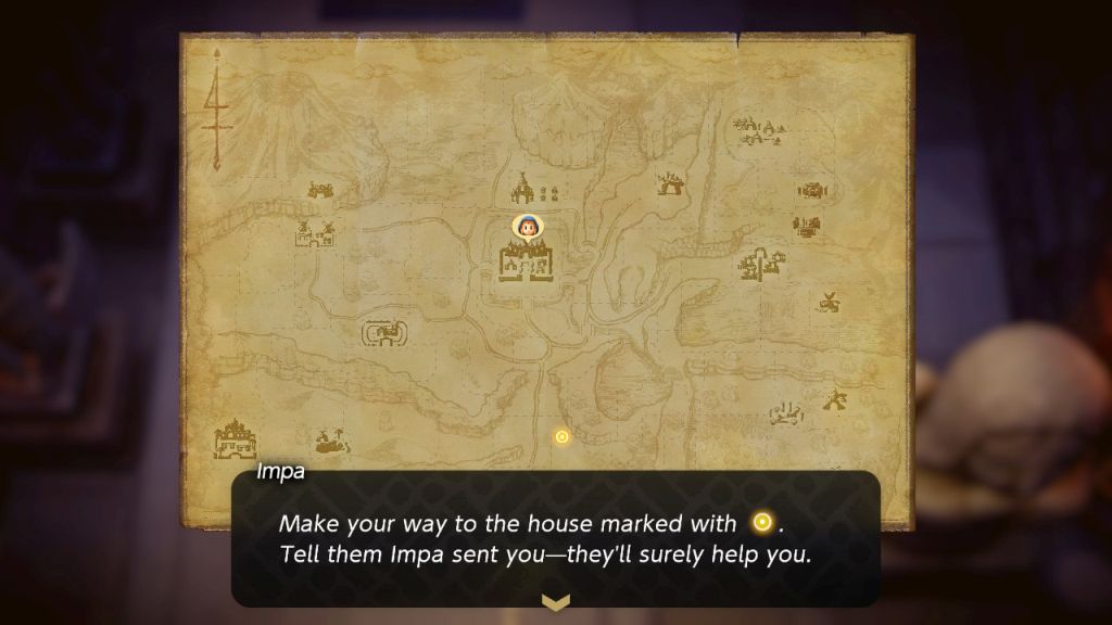 Mapka świata w grze. W niektórych punktach zaznaczone są zamki i budynki, na środku wizerunek głowy bohaterki, oznaczający miejsce, w którym się znajduje. 