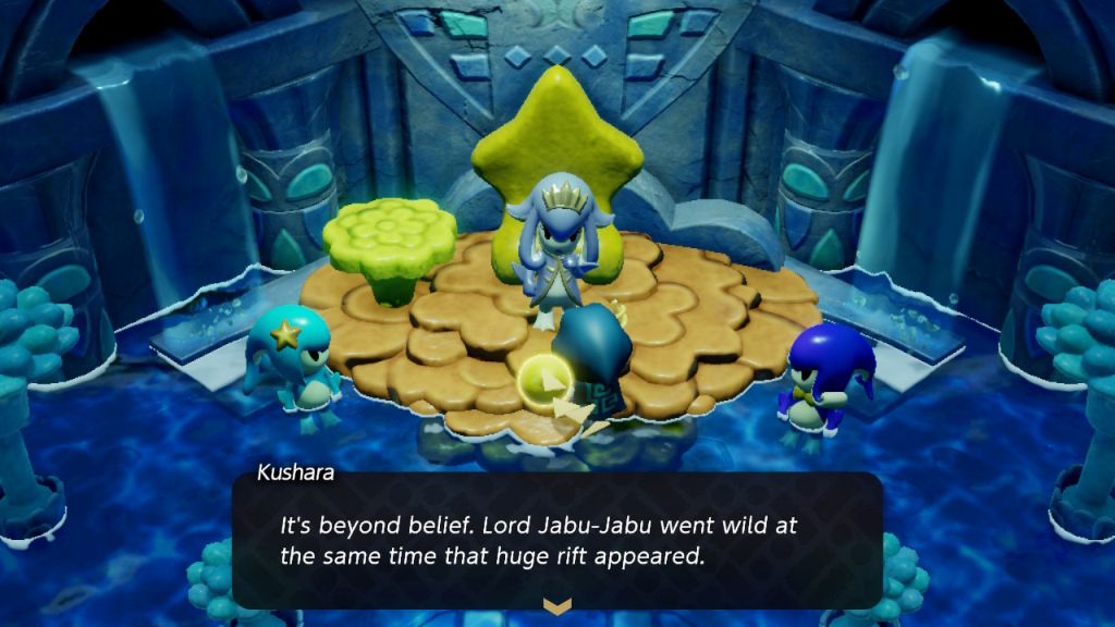 Bohaterka w podwodnym królestwie. Towarzyszą jej trzy istoty, wokół dużo wody, tron z gwiazdy. 