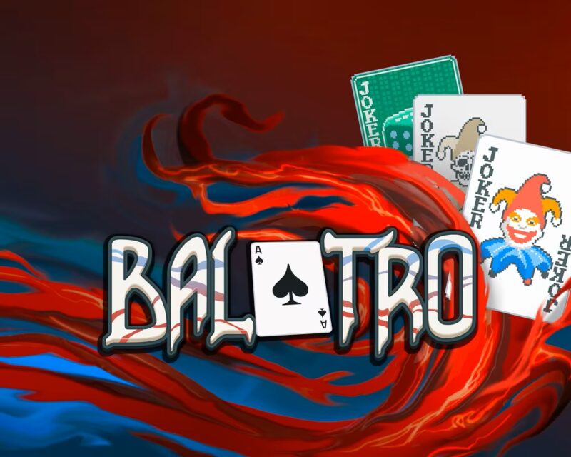 Logo gry Balatro, której gra mobilna uzyskała niesamowite wynik sprzedaży. W logo zamiast litery A, jest As Pik, a z tyłu trzy Jokery za całym tytułem i czerwoną mgłą.