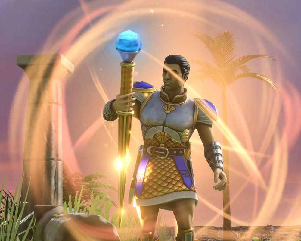 Na obrazku widnieje ktoś ważny, wojak w srebrno-złotej zbroi, trzyma przed sobą laskę, wokół niego wiruje światło, jakby była zaczarowana