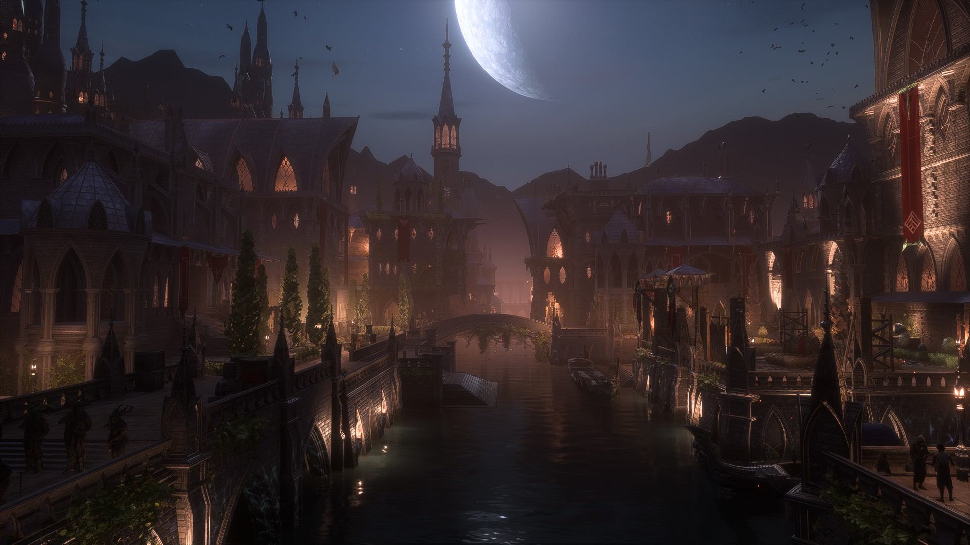 Zrzut ekranu z gry Dragon Age: Straż Zasłony. Przedstawia miasto Treviso - krajobraz podobny do włoskich miast. Nad budynkami unosi się ogromny księżyc.