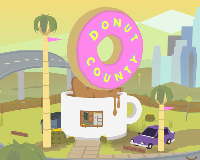 Budynek w kształcie filiżanki kawy z pączkiem na dachu, screen z gry Donut County