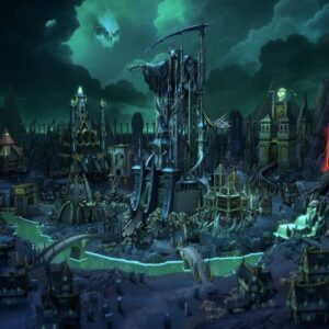 rzut na Nekropolię w grze Heroes of Might and Magic Olden Era, ciemne mroczne miasto w odcieniach czerni i zieleni, w jego centrum wielka figura podobna do mrocznego kosiarza z sierpem,