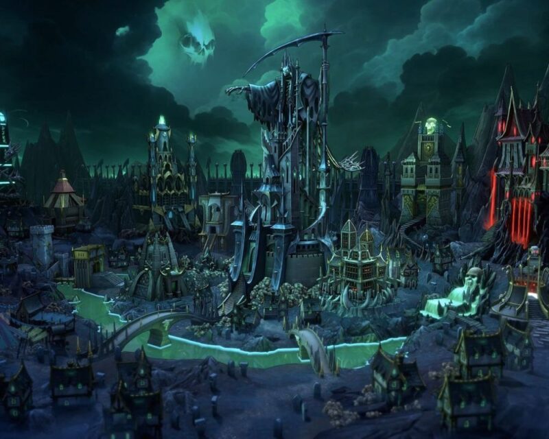 rzut na Nekropolię w grze Heroes of Might and Magic Olden Era, ciemne mroczne miasto w odcieniach czerni i zieleni, w jego centrum wielka figura podobna do mrocznego kosiarza z sierpem,