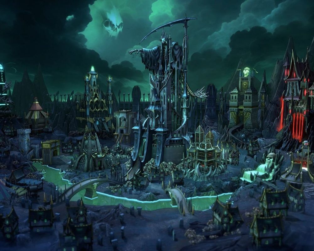 rzut na Nekropolię w grze Heroes of Might and Magic Olden Era, ciemne mroczne miasto w odcieniach czerni i zieleni, w jego centrum wielka figura podobna do mrocznego kosiarza z sierpem,