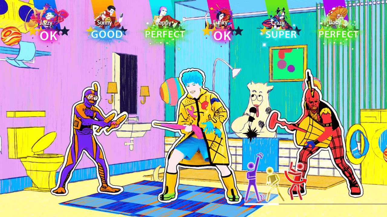 Screenshot z tańca w Just Dance 2025 stworzonego pod utwór Basket Case - Green Day. Bardzo kolorowa, rysunkowa stylistyka zarówno tancerzy jak i tła.