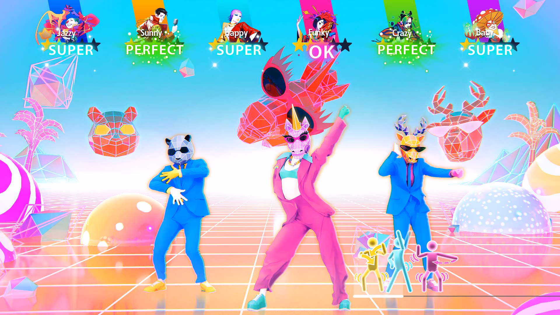 Just Dance 2025, widzimy trzy postaci, jedna na przodzie w różowym stroju, dwie nieco z tyłu po jej bokach w niebieskich strojach, tańczą