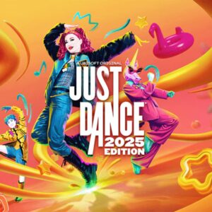 Okładka gry Just Dance 2025 z trzema pozującymi postaciami w tym jednym różowym jednorożcem
