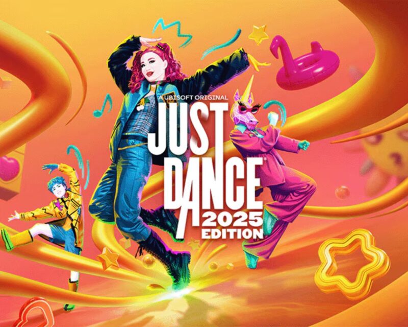 Okładka gry Just Dance 2025 z trzema pozującymi postaciami w tym jednym różowym jednorożcem