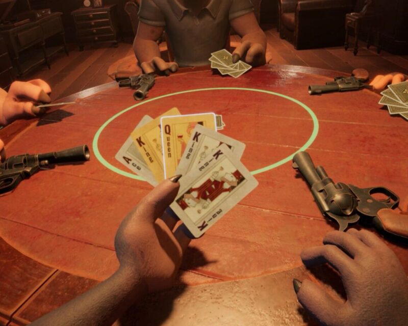 screenshot z gry Liar's Bar, widzimy stół do gry w karty, patrzymy z perspektywy pierwszosobowej na niego, wokół siedzą trzej przeciwnicy w postaci zwierząt, każdy trzyma w jednym ręku rewolwer, a w drugim karty, widać grę na zasadach rosyjskiej ruletki z gra na śmierć i życie
