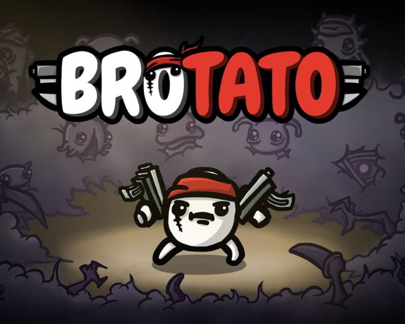 Ziemniak z blizną na twarzy i broniami, nad nim napis Brotato