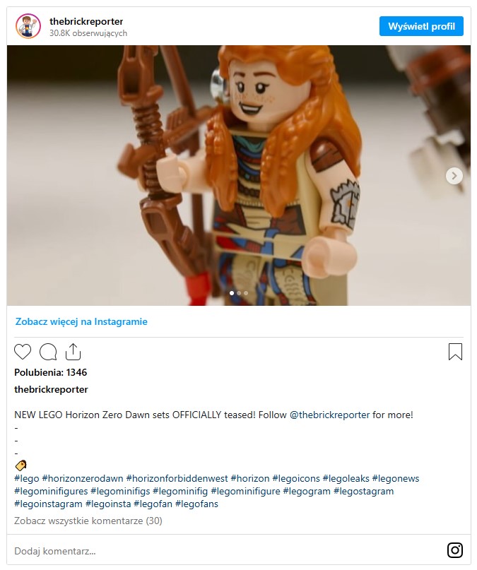 na zdjęciu widzimy screenshot z posta na Instagramie, na jego górze jest obrazek z klockową wersją Aloy z Horizon Zero Dawn, a niżej opis, że LEGO szykuje nowe zestawy