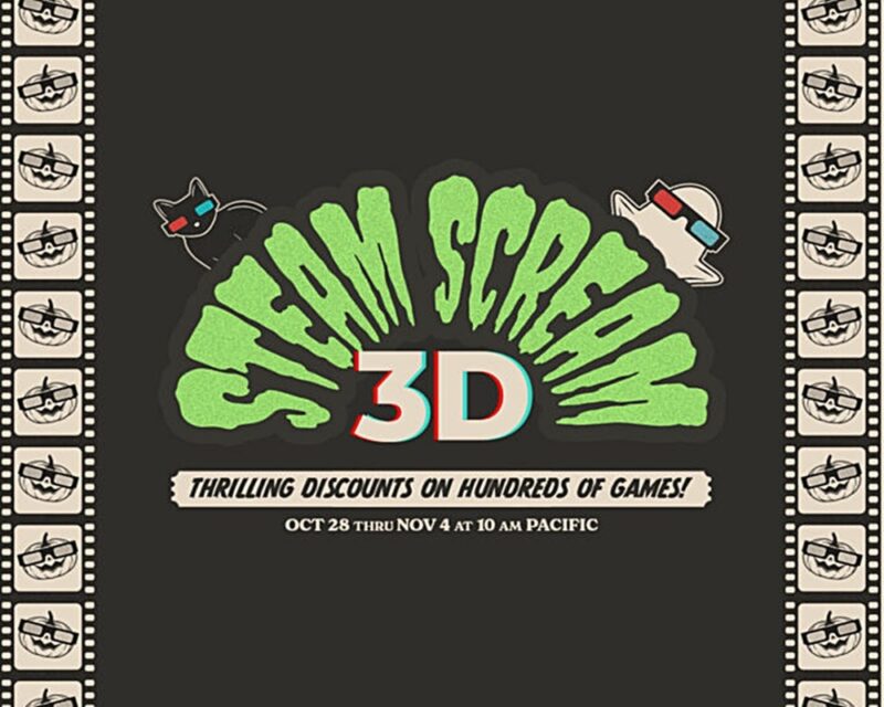 Logo Steam Scream Fest 2024, półokrągły zielony napis w horrorowym stylu, pod spodem napis 3D, niżej pasek z datą trwania festiwalu 28.10 do 04.11, nad napisem czarny kot oraz duch, oba w okularach 3D