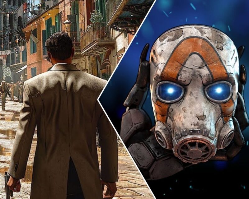 Mafia Borderlands 4 premiera, grafika przedzielona na pół, z lewej jest grafika z gry Mafia z plecami dona, który idzie przez miasteczko w słońcu, a po prawej niebieskie tło i biala maska z czerwonymi paskami