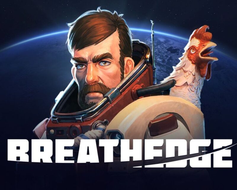 grafika przedstawia mężczyznę z brązowymi włosami i wąsem w skafandrze kosmicznym, bez hełmu, za jego plecami po prawej stronie widać białego kurczaka z czerwoną czupryną i skórą dookoła oczu, w tle widać fragment planety, pod bohaterem natomiast tytuł gry, Breathedge