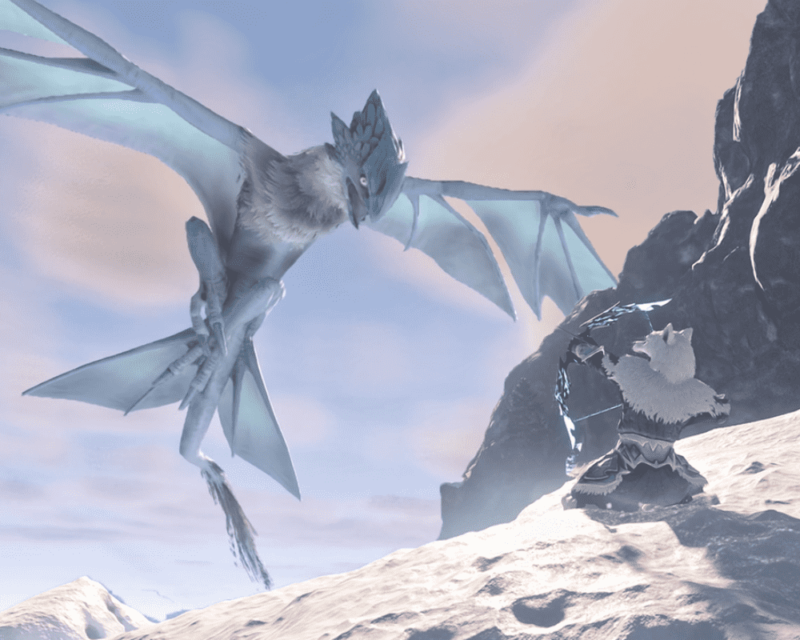 Grafika z gry Enshrouded przedstawiająca postać walczącą z latającym stworem