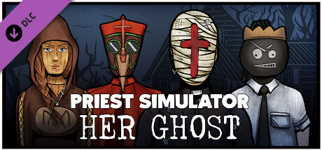 Ilustracja przedstawiająca kreskówkowe postacie z uniwersum Priest Simulator, na dole jest zamieszczony biały napis  z tytułem gry.