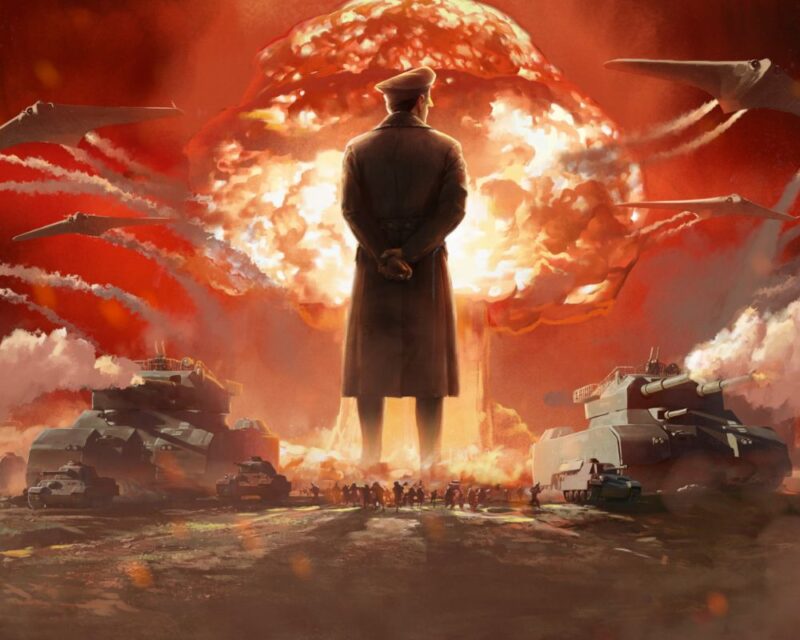 grafika promująca rozszerzenie hearts of iron 4 Gotterdammerung, widzimy postać w mundurze stojącą do nas tyłem i obserwującą grzyba powstałego po eksplozji nuklearnej, na lewo i prawo od postaci widać czołgi i myśliwce, a także ogień i dym