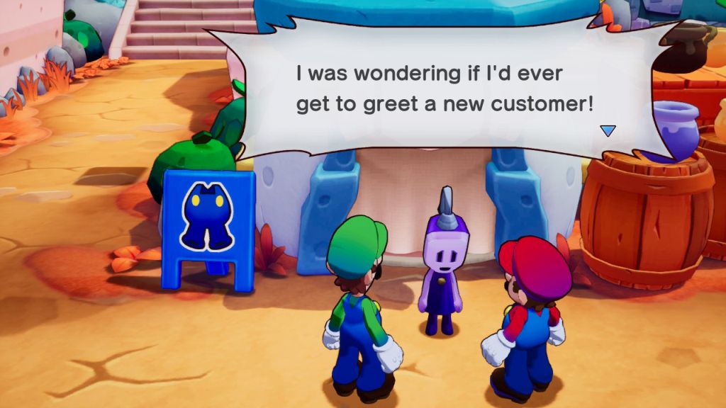 Dwaj mężczyźni stoją przed innym, który ma spuszczoną głowę. Znajdują się obok sklepu. Blisko jest beczka oraz szyld sprzedawcy.