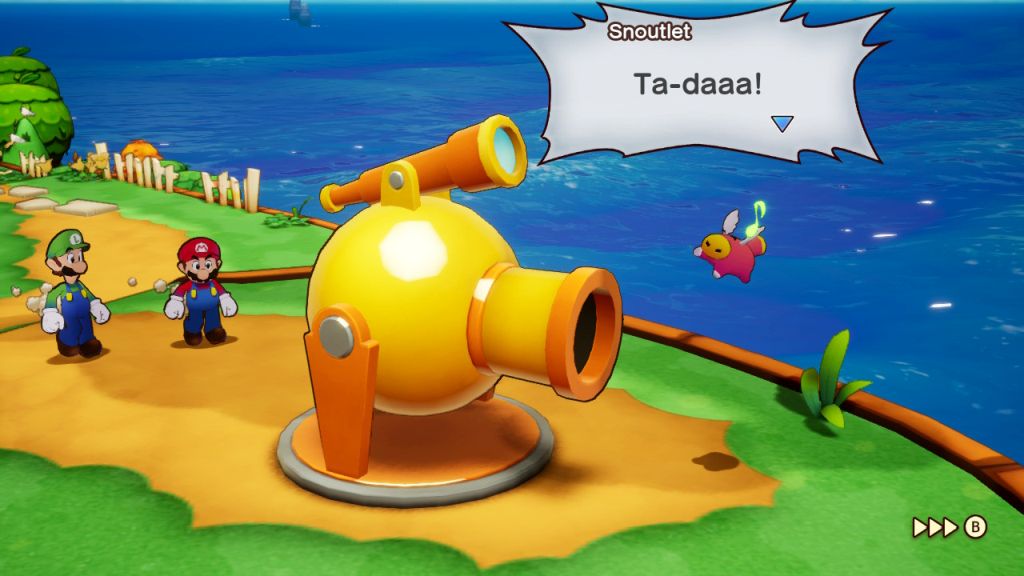 Dwaj mężczyźni na wyspie (w tle morze) stoją blisko armaty z wbudowaną lunetą. Obok w powietrzu znajduje się postać, przypominająca świnkę ze skrzydłami.