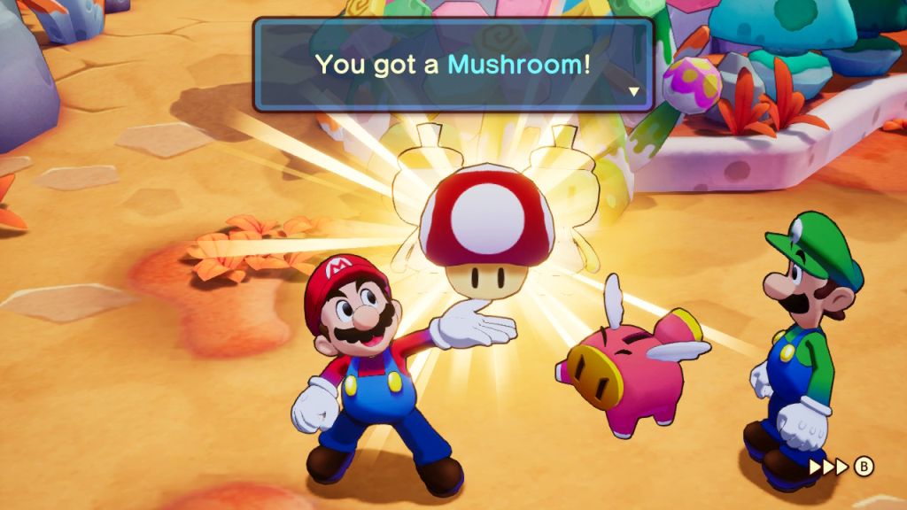 Na planszy jest mężczyzna, a na jego dłoni duży grzyb. Obok połączenie świnki i czegoś skrzydlatego oraz drugi mężczyzna.