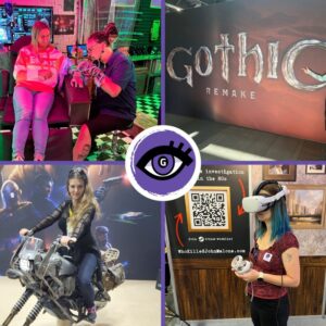 Kolaż zdjęć z targów, dziewczyny w goglach VR, na stanowisku Cyberpunka, przy plakacie Gothic Remake i na ścigaczu z Gwiezdnych wojen