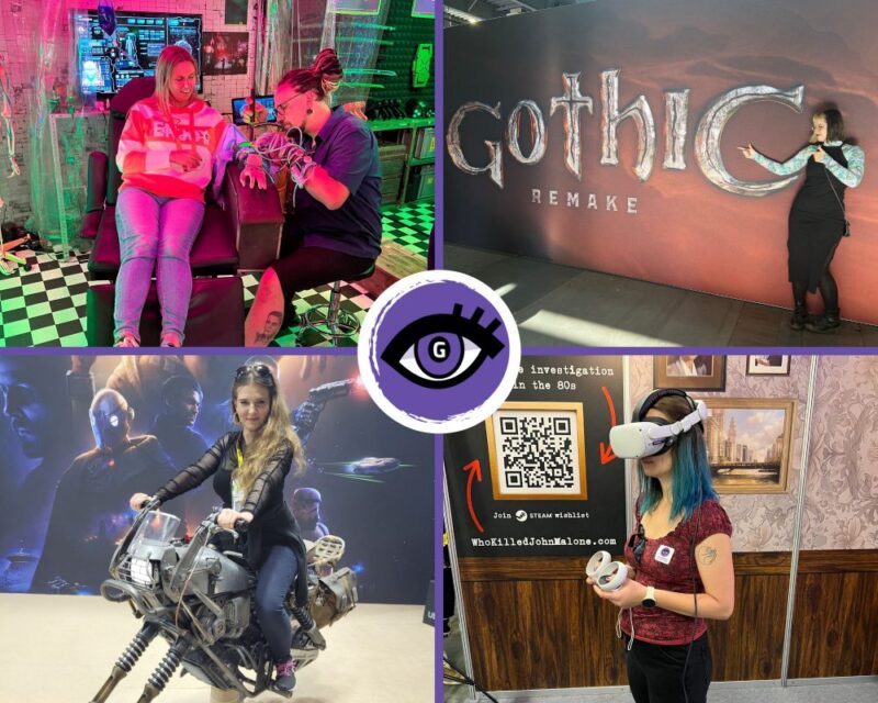 Kolaż zdjęć z targów, dziewczyny w goglach VR, na stanowisku Cyberpunka, przy plakacie Gothic Remake i na ścigaczu z Gwiezdnych wojen