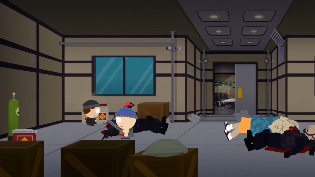 Chłopiec z mieczem jest w biurze. Obok leżą krwawiący mężczyźni. Z lewej strony butla z gazem.