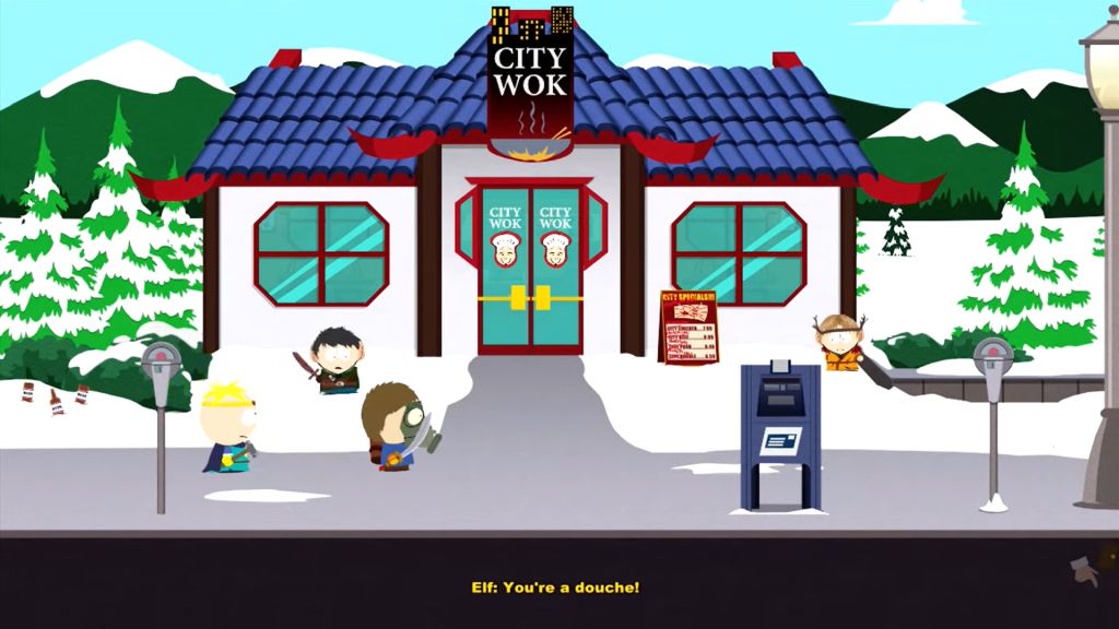 Chłopcy stoją przed restauracją. Są gotowi do walki. Śnieżna sceneria.