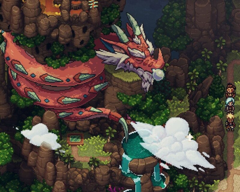 Obraz przedstawiający grę Sea of Stars, widać wielkiego, czerwonego smoka z fantastycznych legend, w tle ładny krajobraz, spokojny krajobraz