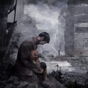 Grafika z gry This War of Mine przedstawiająca klęczącego mężczyznę trzymającego dziecko
