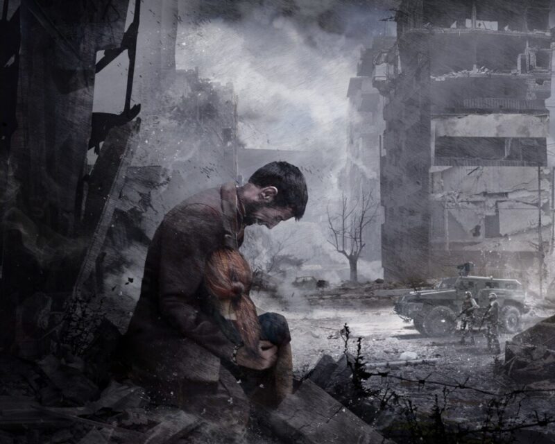 Grafika z gry This War of Mine przedstawiająca klęczącego mężczyznę trzymającego dziecko