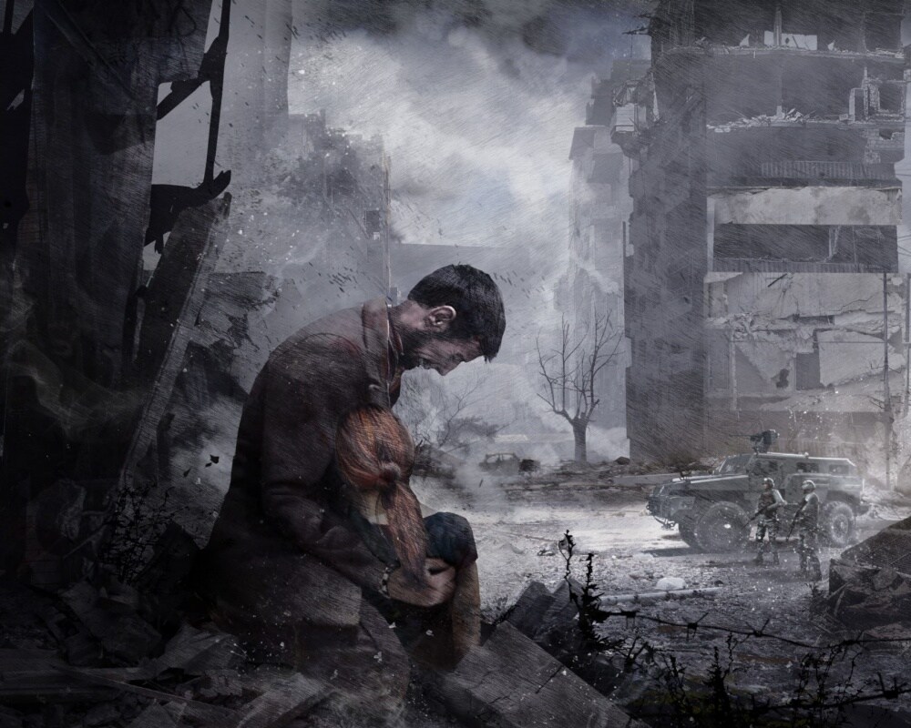 Grafika z gry This War of Mine przedstawiająca klęczącego mężczyznę trzymającego dziecko