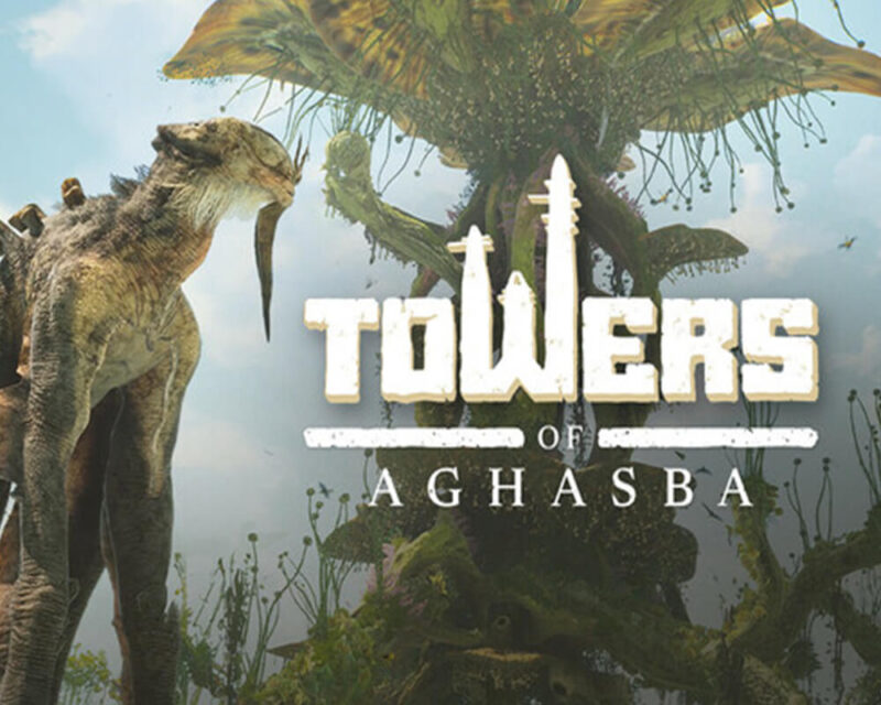 Na środku grafiki widzimy tytuł gry Towers of Aghasba, zapisany dużą białą czcionką, znajdujący się na kolorowym tle. Na ilustracji widać drzewo oraz niesamowite stworzenie.
