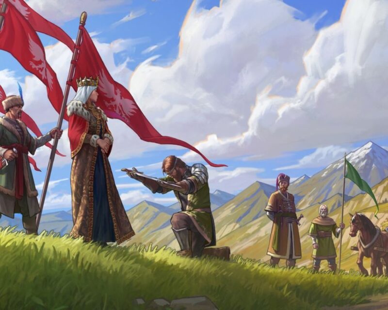 grafika promująca Liegecraft, widzimy władcę lub władczynię przyjmującą śluby wasala, stoją na wzgórzu, obok władcy powiewają czerwone chorągwie