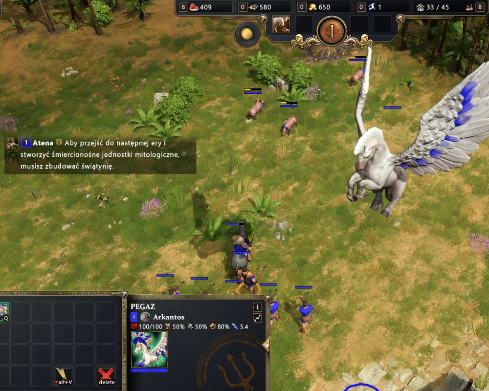 Na przedstawionym obrazku widać pegaza, wokół niego są żołnierze.