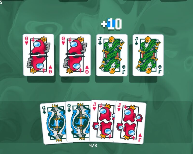 Na obrazku widoczne są karty z gry Balatro na zielonym tle. Na kartach widoczne są postaci, a między innymi bohater gry Among Us w kolorze czerwonym.