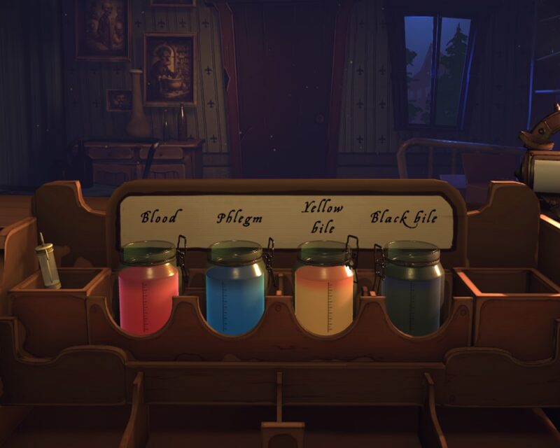 Drewniany pulpit z czterema butelkami, czerwona z napisem blood, niebieska z napisem phlegm, żółta z napisem yellow bile, czarna z napisem black bile, w tle są drzwi wejściowe, po prawej od drzwi jest okno. Screen użyty do artykułu w którym jest wywiad z producentem Do No Harm, jako obrazek wyróżniający.