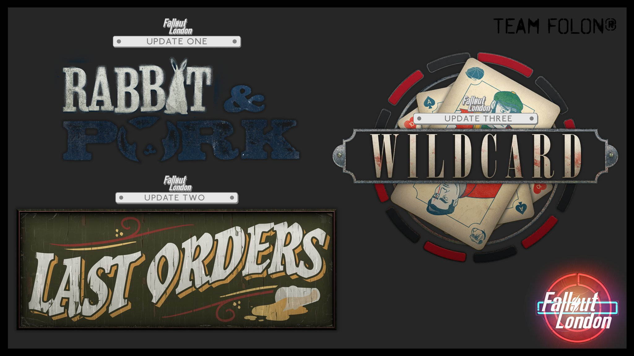Obrazek przedstawia 3 loga nadchodzących DLC do Fallout London. W lewym górnym rogu jest logo z napisem Rabbit & Fork. W prawym górnym rogu jest logo z napisem "Widcard", a w tle są karty do gry. W lewym dolnym rogu jest logo DLC "Last Order" w formie retro tabliczki z rozlanym kuflem piwa.