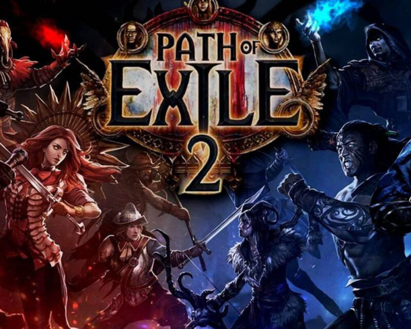 Ilustracja przedstawia bohaterów gry Path of Exile 2. Po lewej stronie znajdują się postacie w jasnym świetle, w tym wojowniczka w czerwonej zbroi trzymająca miecz. Po prawej stronie postacie są oświetlone zimnym, niebieskim światłem, w tym wojownik w bogato zdobionej zbroi oraz inne mroczne postacie. W centrum znajduje się duży logotyp gry Path of Exile 2, z ozdobnym, złoto-czerwonym napisem.