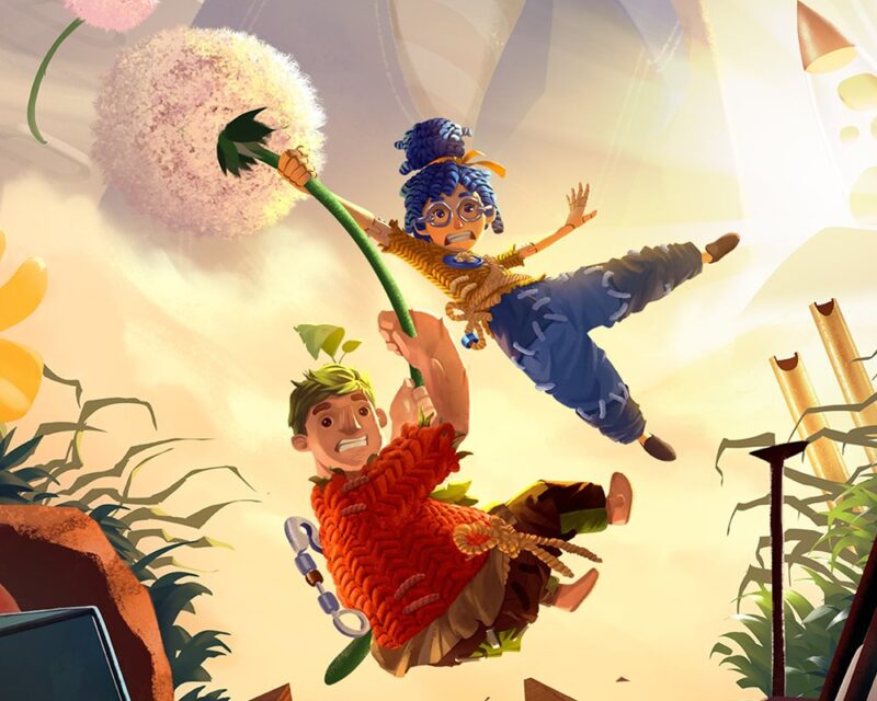 Ilustracja przedstawia dwóch animowanych bohaterów w dynamicznej scenerii. Kobieta z niebieskimi włosami i mężczyzna w czerwonym swetrze chwytają się ogromnego dmuchawca, unosząc się w powietrzu. Tło pełne jest jasnego światła i elementów natury, takich jak liście i rośliny, co tworzy wrażenie magicznego, baśniowego świata.