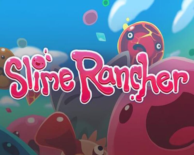 Ilustracja przedstawia kolorowe, animowane stworki z gry „Slime Rancher” na tle błękitnego nieba z chmurami. W centrum widoczny jest różowy napis „Slime Rancher” w stylu komiksowym. W tle znajdują się różne rodzaje i kolory stworków, a wokół unoszą się kolorowe cząsteczki.