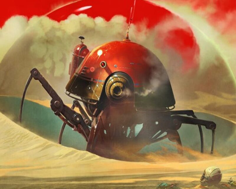 Kadr z gry The Invincible. Na obrazku widać futurystycznego, czerwonego robota w kształcie kopuły, poruszającego się po piaszczystej pustyni. Robot ma mechaniczne odnóża przypominające pajęcze nogi oraz złote detale, w tym okrągłe elementy po bokach. W tle unosi się czerwone niebo, a pył tworzy mglistą atmosferę. Na piasku leży fragment ludzkiego hełmu.