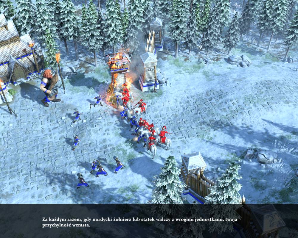 Na obrazku widać nordyckie śnieżne ziemie. Na środku jest budynek a obok niego olbrzym z czymś w rodzaju maczugi w ręku, obok widać też dwa wrogie wojska mierzące się ze sobą oraz płonącą wierzę obserwacyjną.