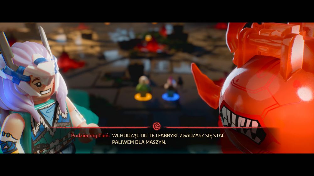 Dialog z gry – Aloy vs Podziemny Cień i ostrzeżenie "Wchodzą do tej fabryki, zgadzasz się stać paliwem dla maszyn".