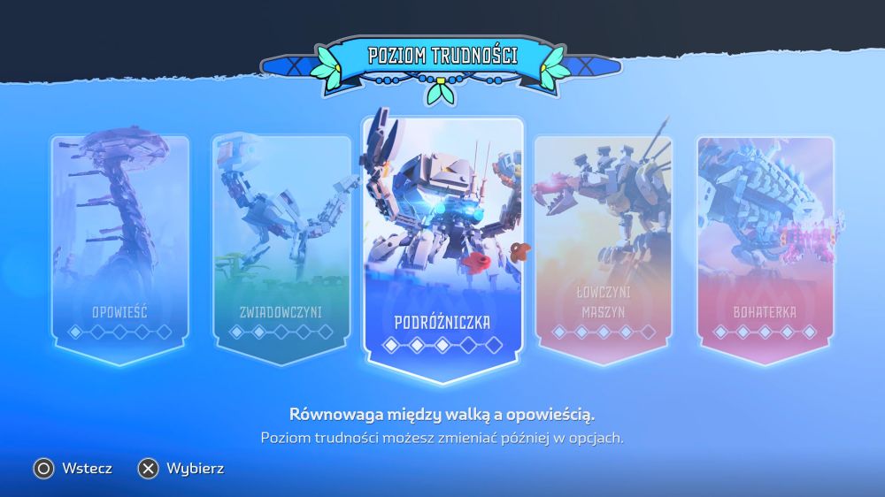 Wybór poziomu trudności w grze LEGO Horizon. Dostępne opcje: Opowieść, Zwiadowczyni, Podróżniczka, Łowczyni maszyn, Bohaterka