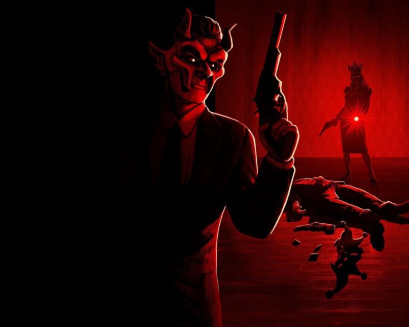 keyart Midnight Murder Club, widzimy ciemne tło z lewej strony przechodzące w czerwone zprawej, z ciemności wyłania się postać, która wychyla się zza rogu, by wymierzyć z pistoletu w inną postać stojącą w czerwieni